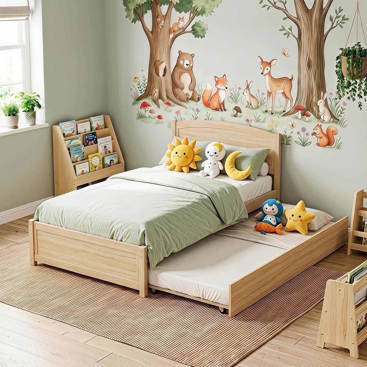 Daybed with Trundle, Twin Size Pull Out Bed, Solid Wood Extendable Day Bed with Trundle, Include Slat Support