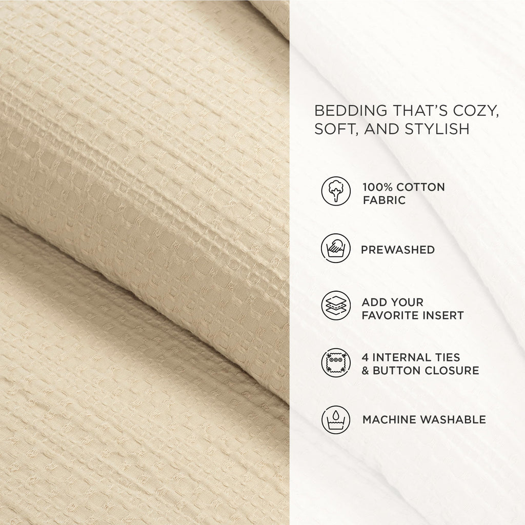 Haniya Solid Waffle Woven Textured Cotton Duvet Cover Set, 3 Piece Set, Neutral - Soft Waffle Duvet Cover