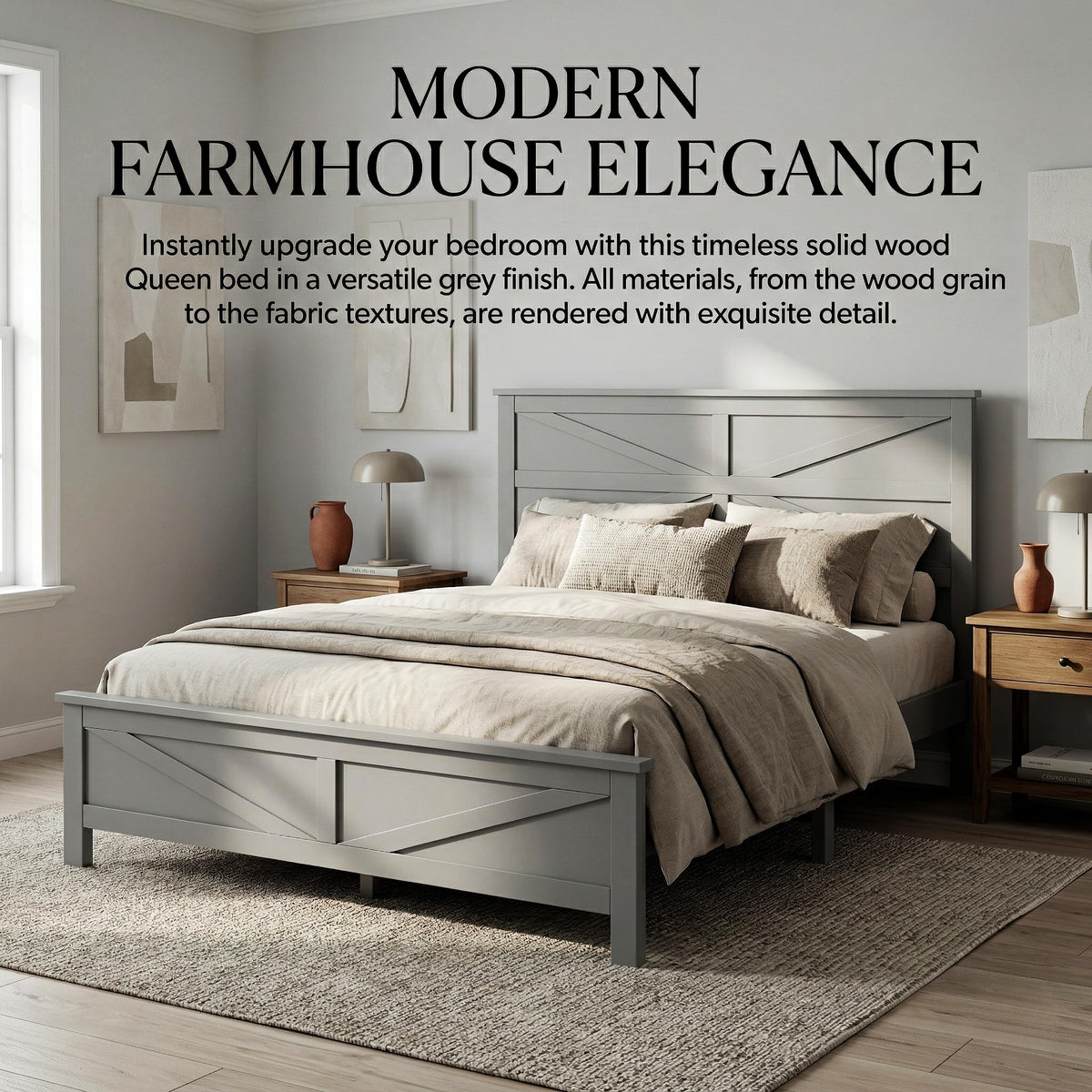Rustic Platform Bed Frame with Barn Door Design Headboard and Footboard, Pine Wood Bed with Wooden Slats
