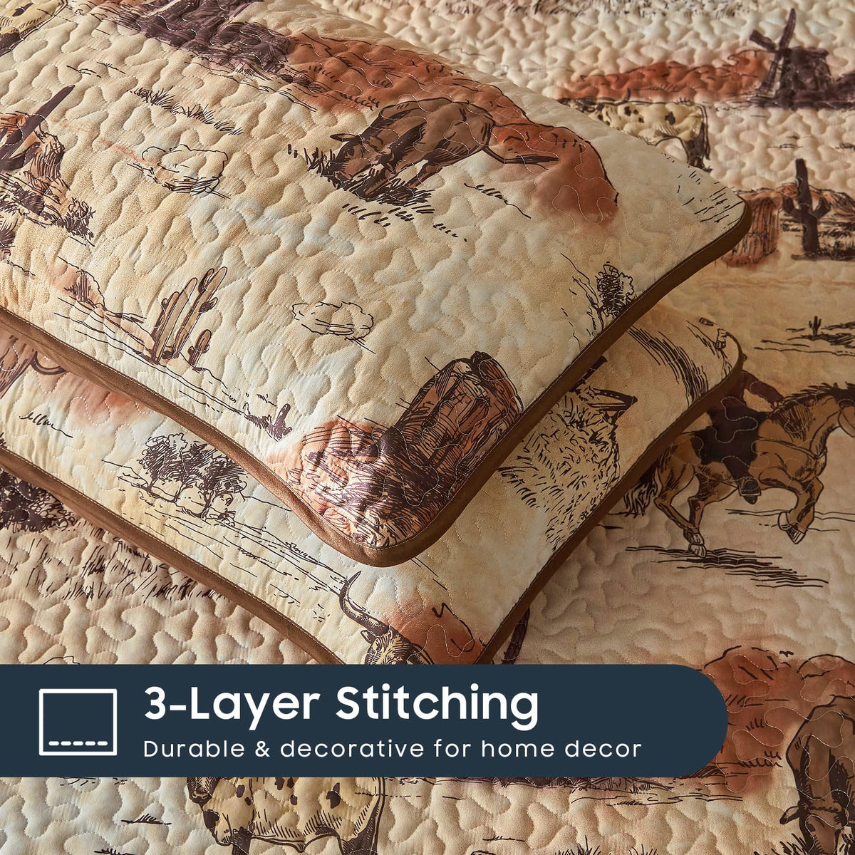 Quilt Set, Rustic Ranch Life with Cowboy Southwestern Vintage Country Pattern Printed, Reversible Lightweight