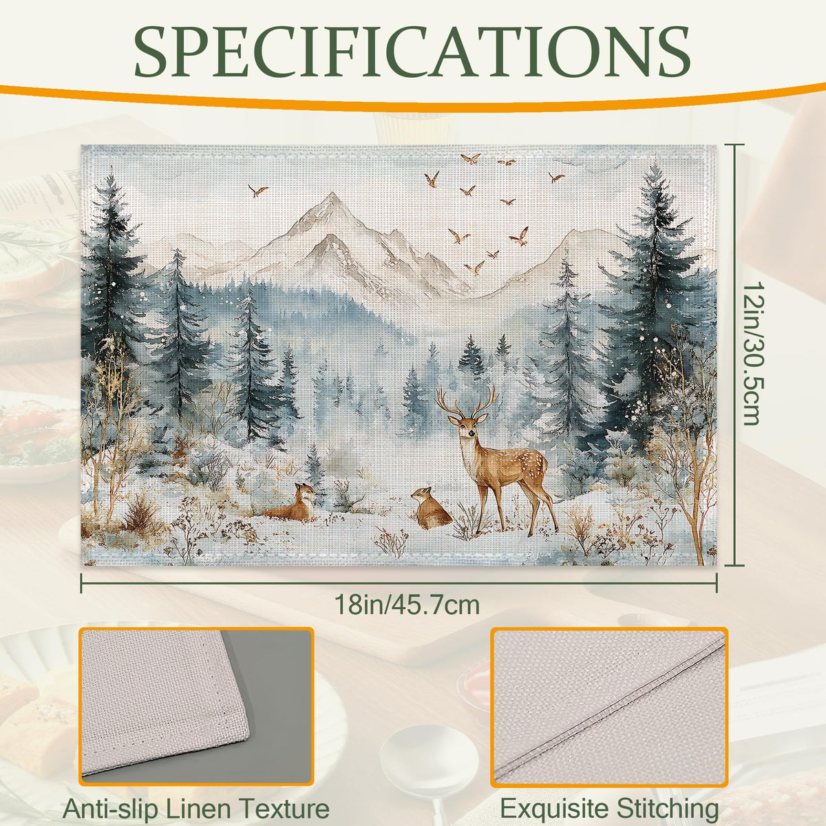 Winter Forest Fabric Placemats,Cute Deer Snow Mountain Table Placemats Set of 6 Cloth Place Mats, Washable