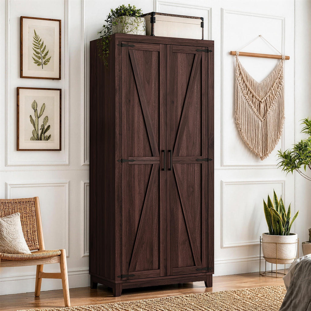 Dark Walnut Farmhouse Wooden Wardrobe with 2 Doors