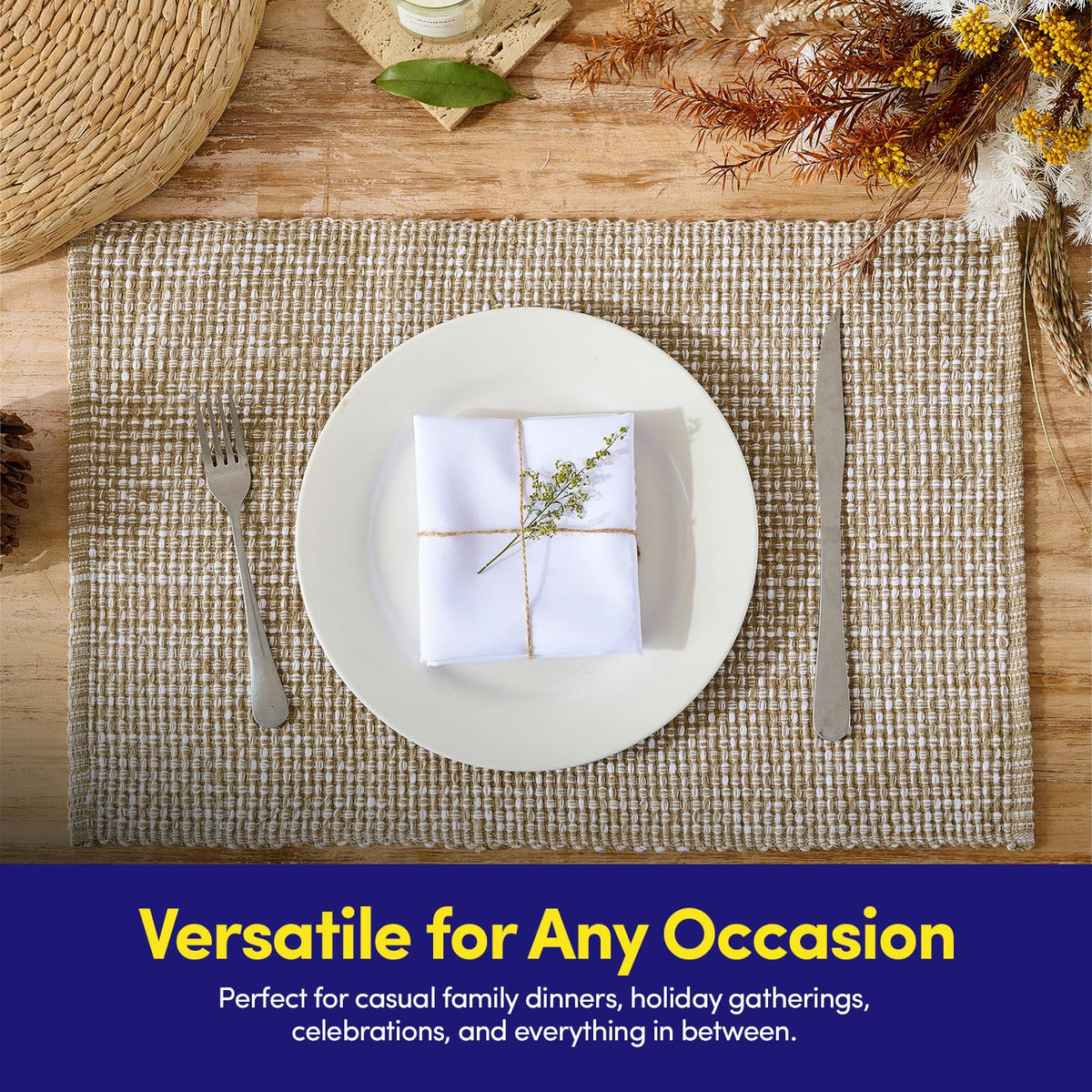 100% Cotton Placemats Rectangle Two Tone Woven Fabric 13" x 19" Soft Durable Table Mat Set, Set of 6, Taupe