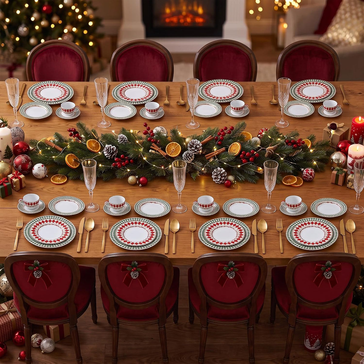 Christmas Argyle Real Gold Trim Porcelain Dinnerware Set, Piece Service for 8 Plates Bowls Mugs