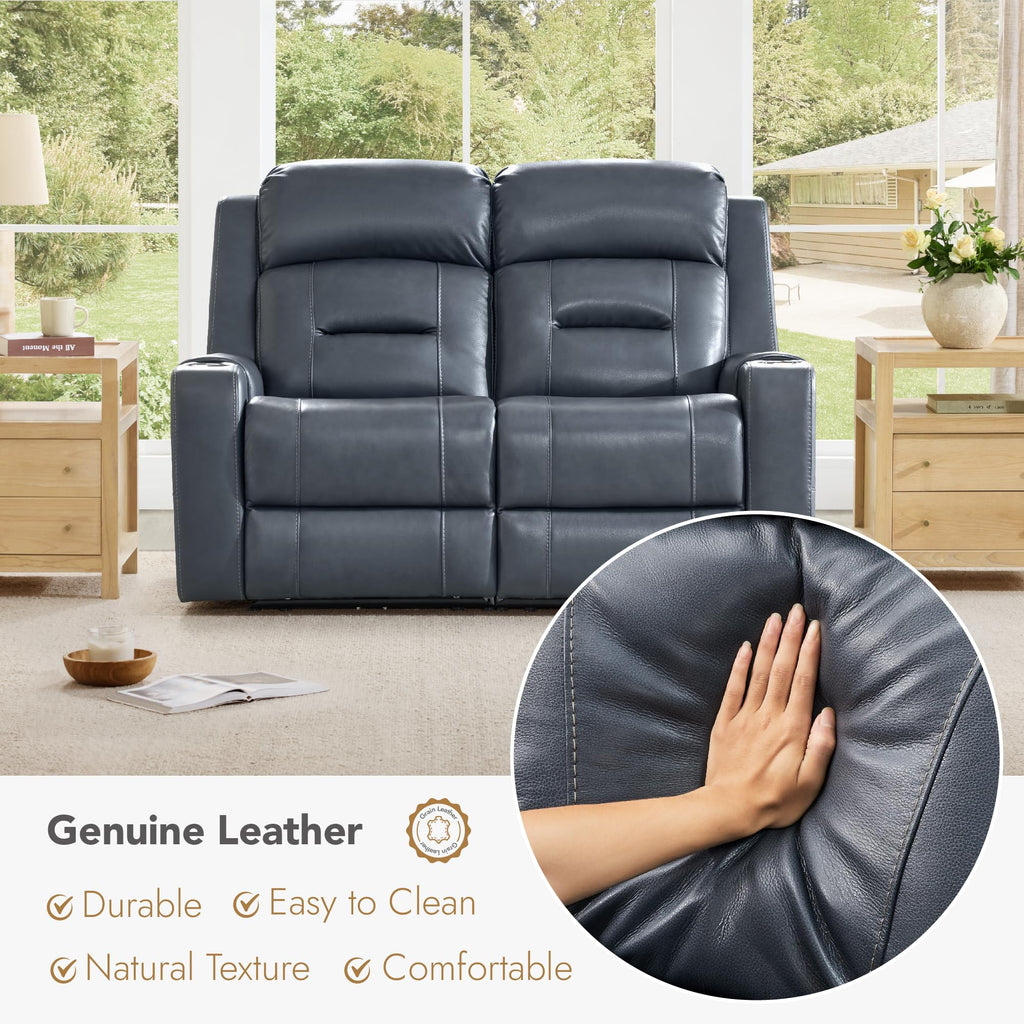 Genuine Leather Lay Flat Power Reclining Loveseat, Navy