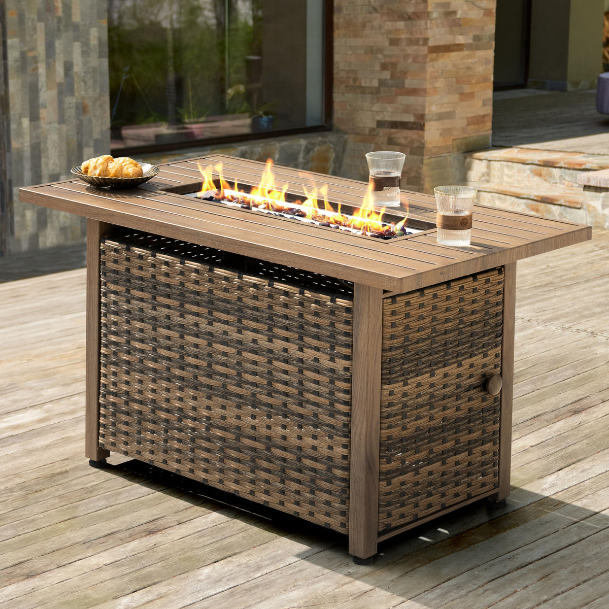 43" Propane Gas Fire Pit Rattan Outdoor Fire Pit Table, Smokeless Gas Fire Pit with Lid and Glass Beads, All-Metal