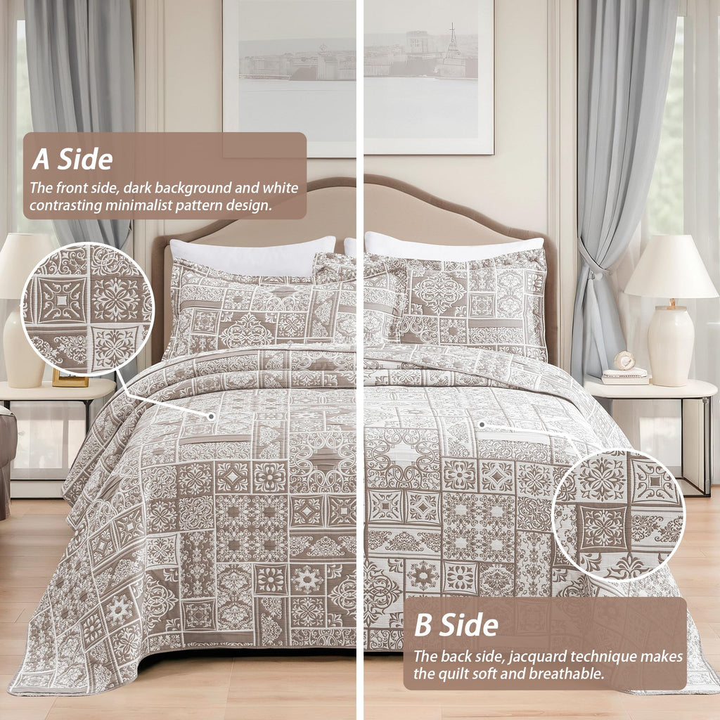 3 Piece Brown Patchwork Bedspread Sets King Size, Boho Reversible Jacquard Bedding Set for All Season, Soft