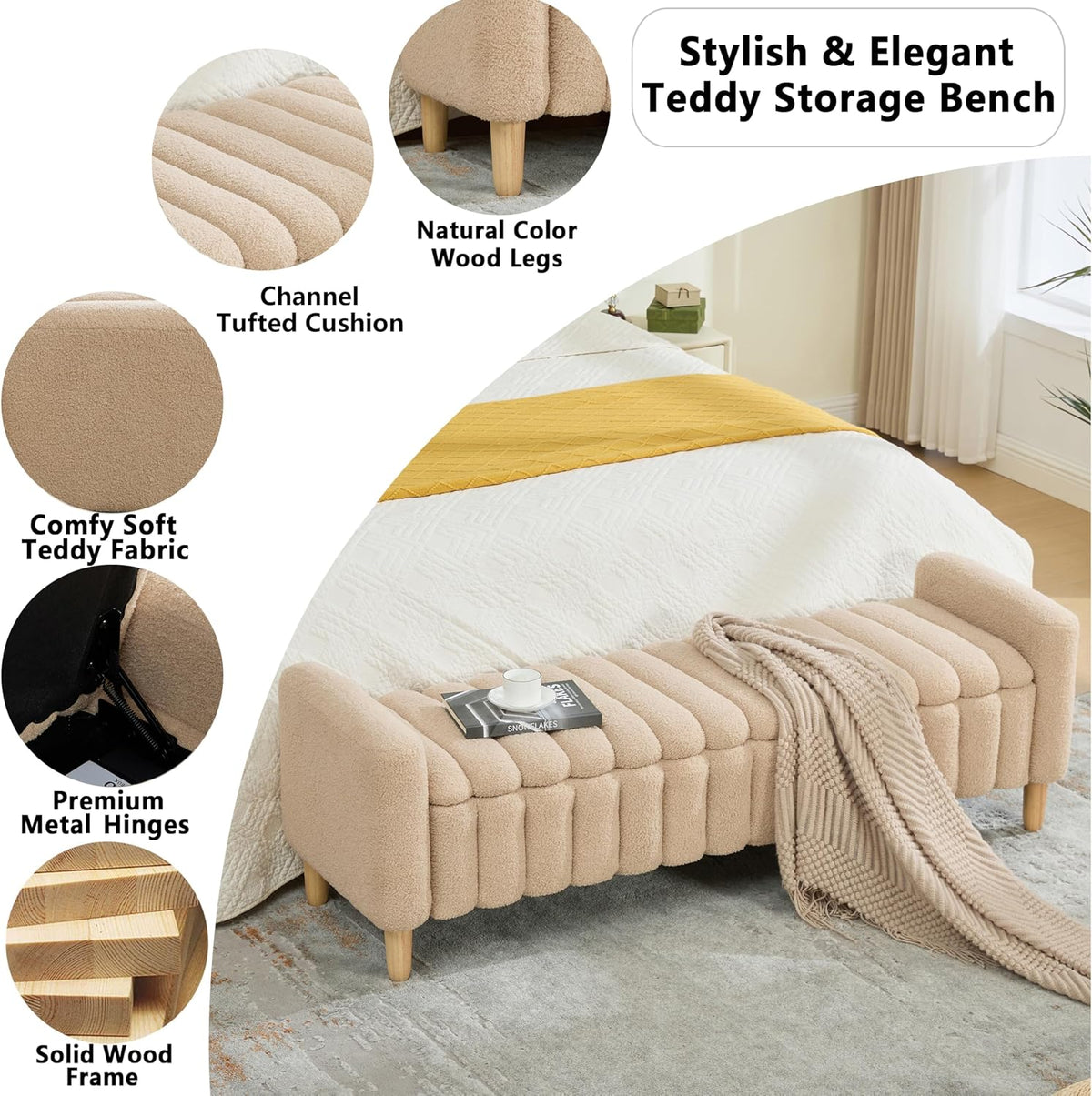 Teddy Ottoman Bench with Storage,63.4" Armed Long Storage Benches for Bed End King Size,Channel Tufted Bedside Bench