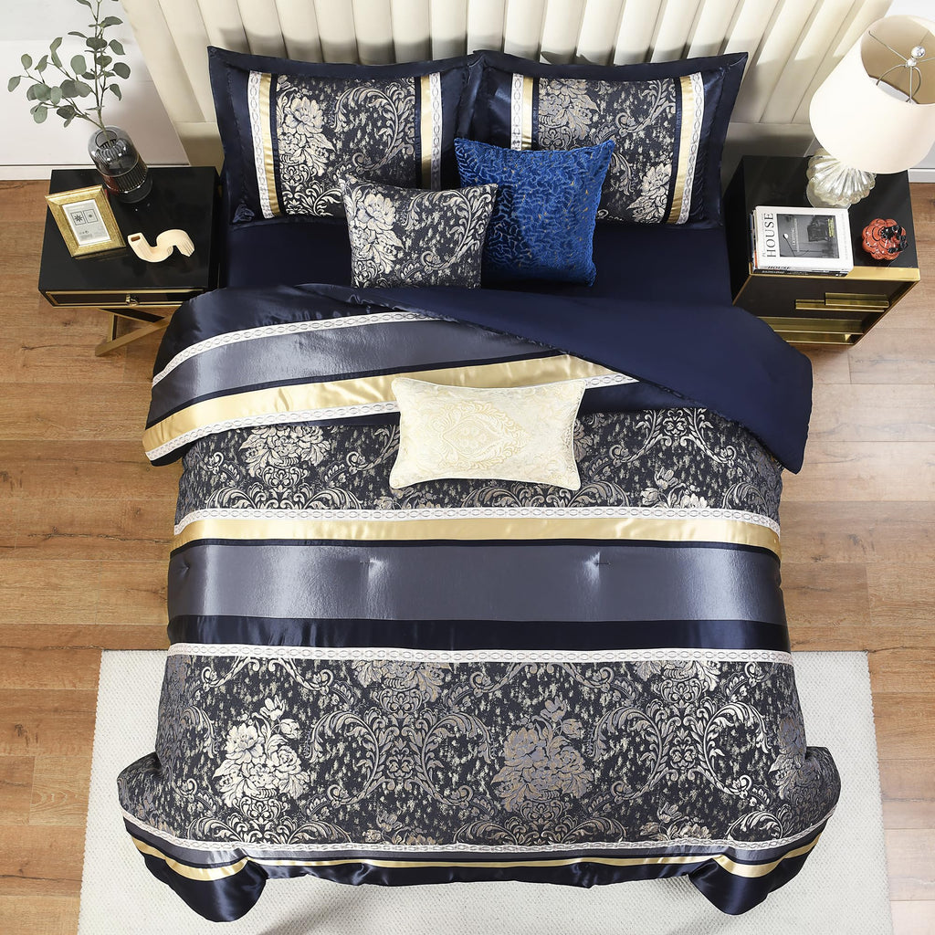 Navy Blue Comforter Set, Luxury 7 Pieces Jacquard Bedding