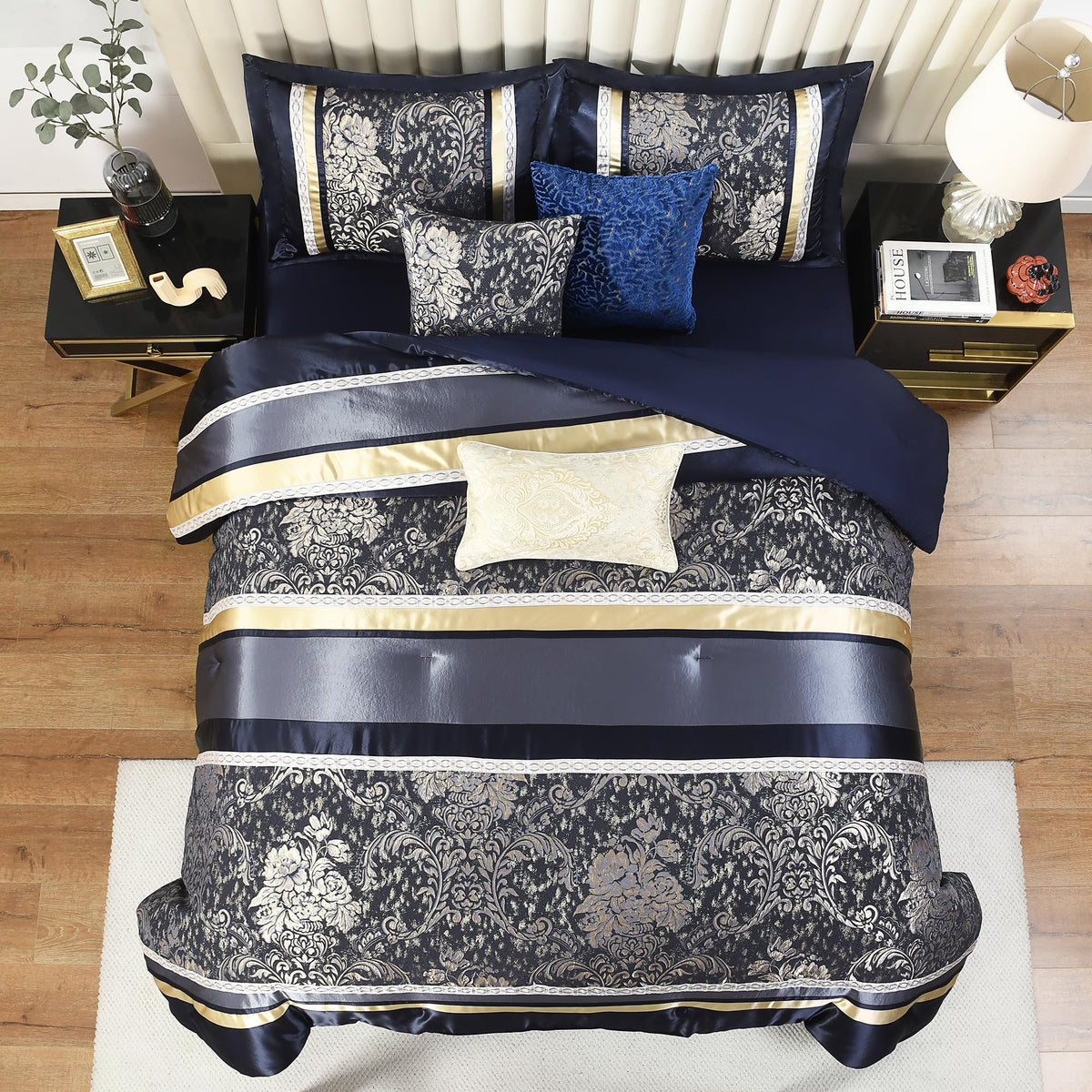 Navy Blue Comforter Set, Luxury 7 Pieces Jacquard Bedding