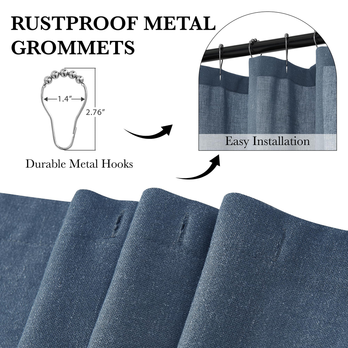 Linen Fabric Sets -Button Hole Waterproof Lightweight Washable Privacy Shower Curtains for Bathtub with 12 Metal