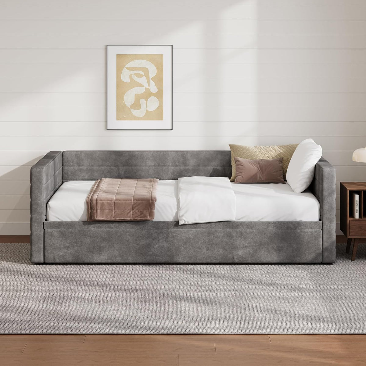 Twin to King Size Upholstered Daybed with Trundle | Space Saving Chenille Sofa Bed, Extended Pop Up Trundle, Metal