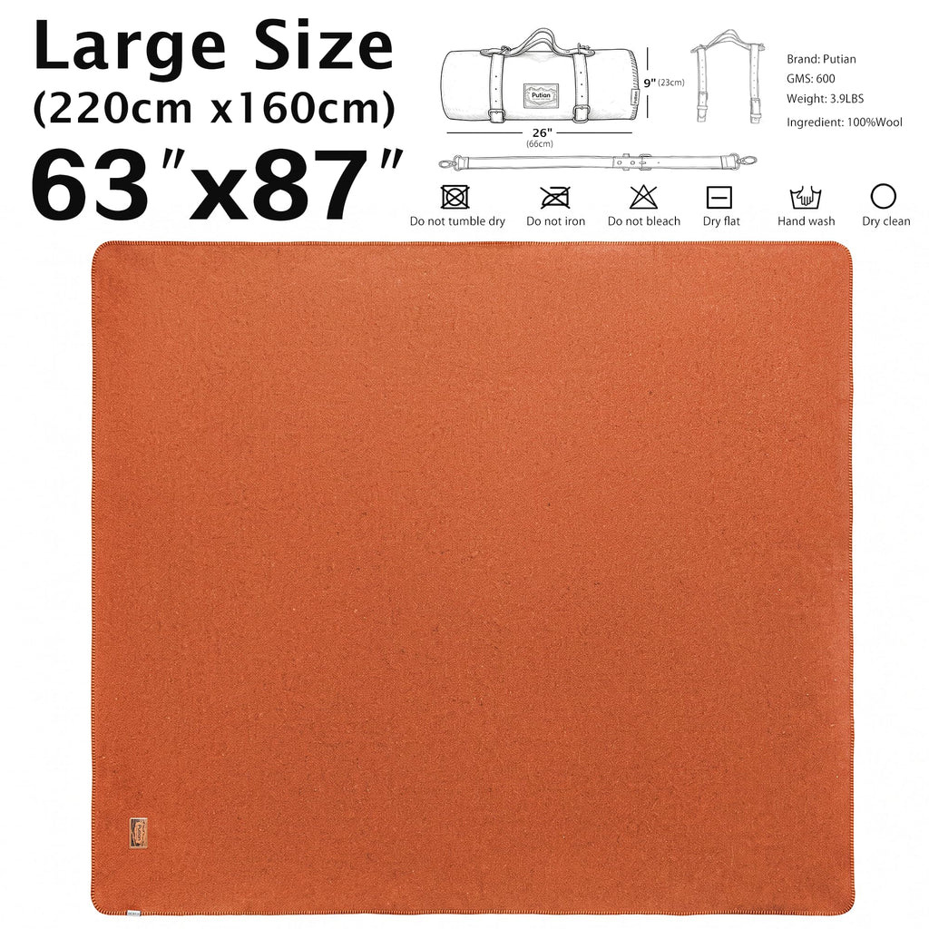 100% Wool Blanket - Camping Outdoor Blanket, 63"×87", Orange