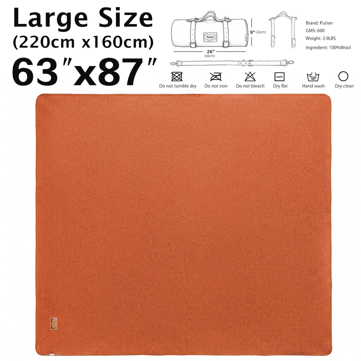 100% Wool Blanket - Camping Outdoor Blanket, 63"×87", Orange