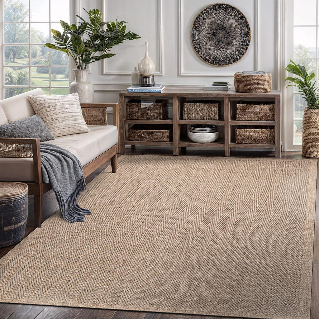Easy Jute Rug, Indoor Outdoor Natural Color Fiber Area Rugs Patio Rug Herringbone Seagrass Woven Design