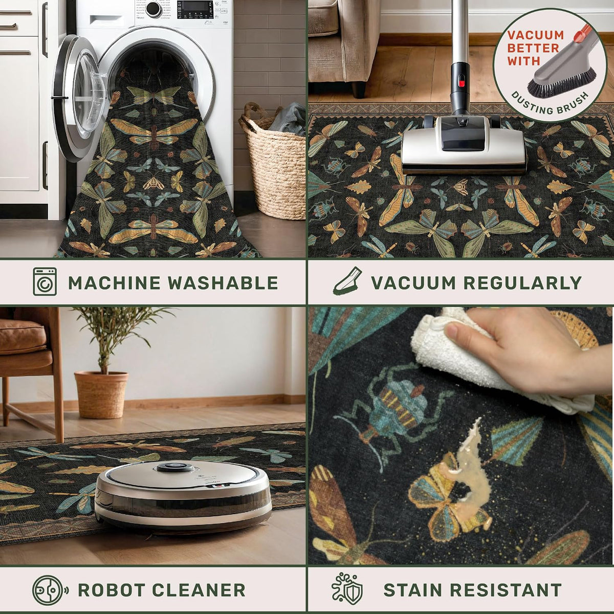 Dark Black Boho Rug Runners for Hallways, Washable Non Slip Long Runner Rug, Low Pile & Soft Stain Resistant