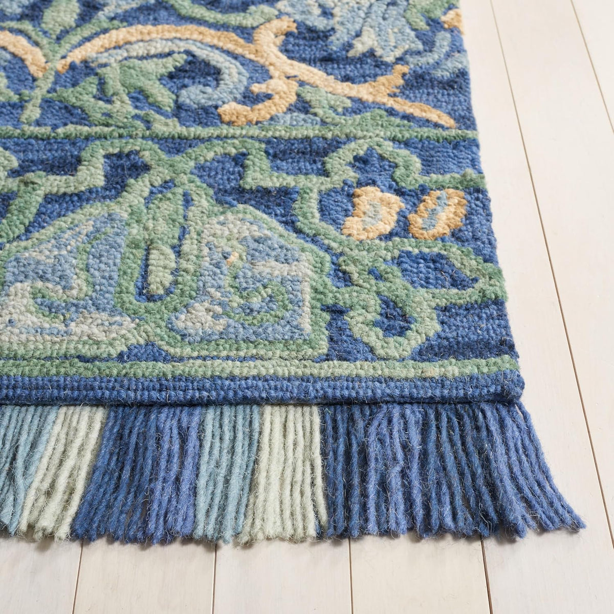 Blossom Area Rug, Navy & Green, Handmade Boho Fringe Wool