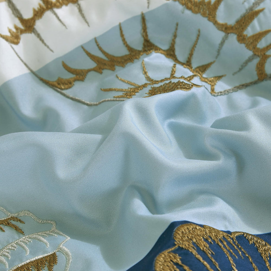 Blue and Navy Comforter Set - Coastal Beach Seashell and Starfish Embroidery Color Block Striped Bedding Set