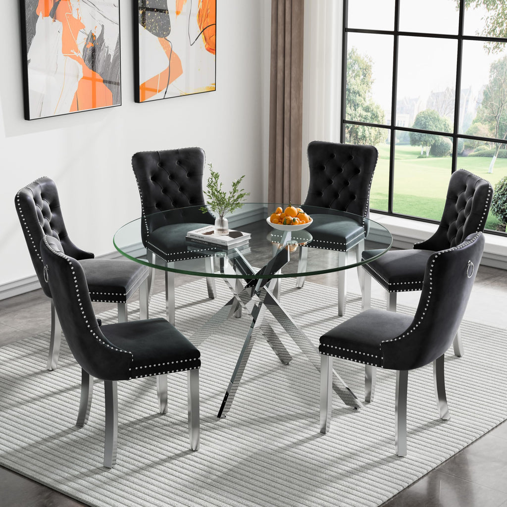 7-Piece Round Glass Dining Table Set for 6, 47" Circle Kitchen Table with 6 Black Velvet Chairs Modern Silver Glass