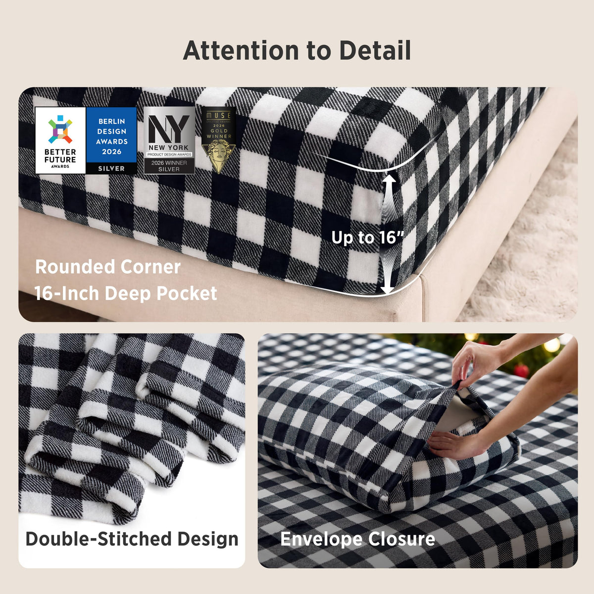Plaid Fleece Sheets, 4PC Anti-Static & Warm Bed Sheets