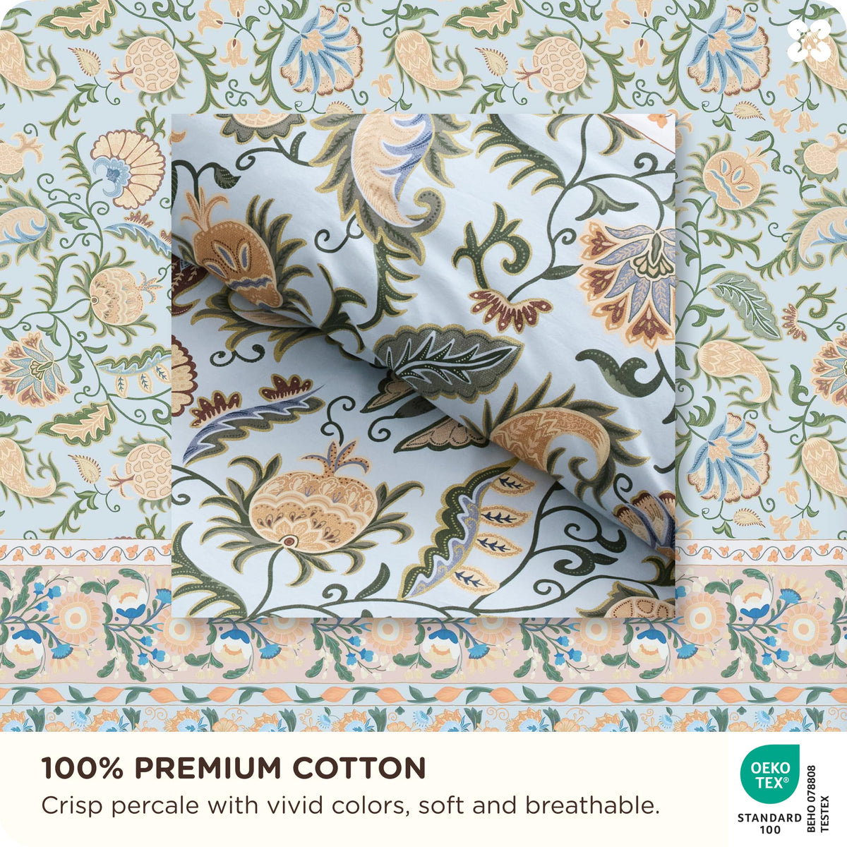 PureWoven 100% Cotton Floral Duvet Cover Set, King, Blue Boho