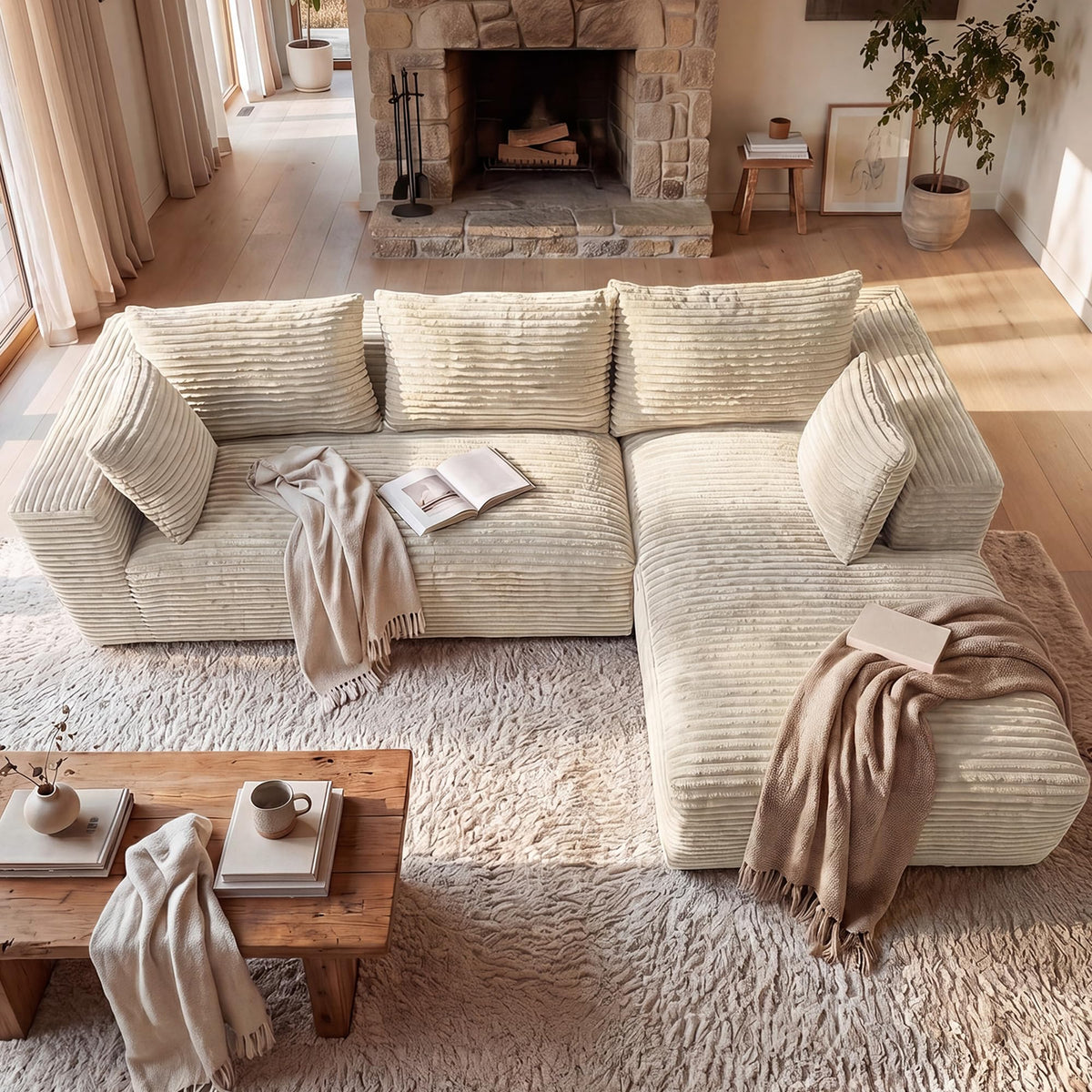 107" L-Shaped Boneless Sectional Sofa with Right-Facing Chaise, Beige