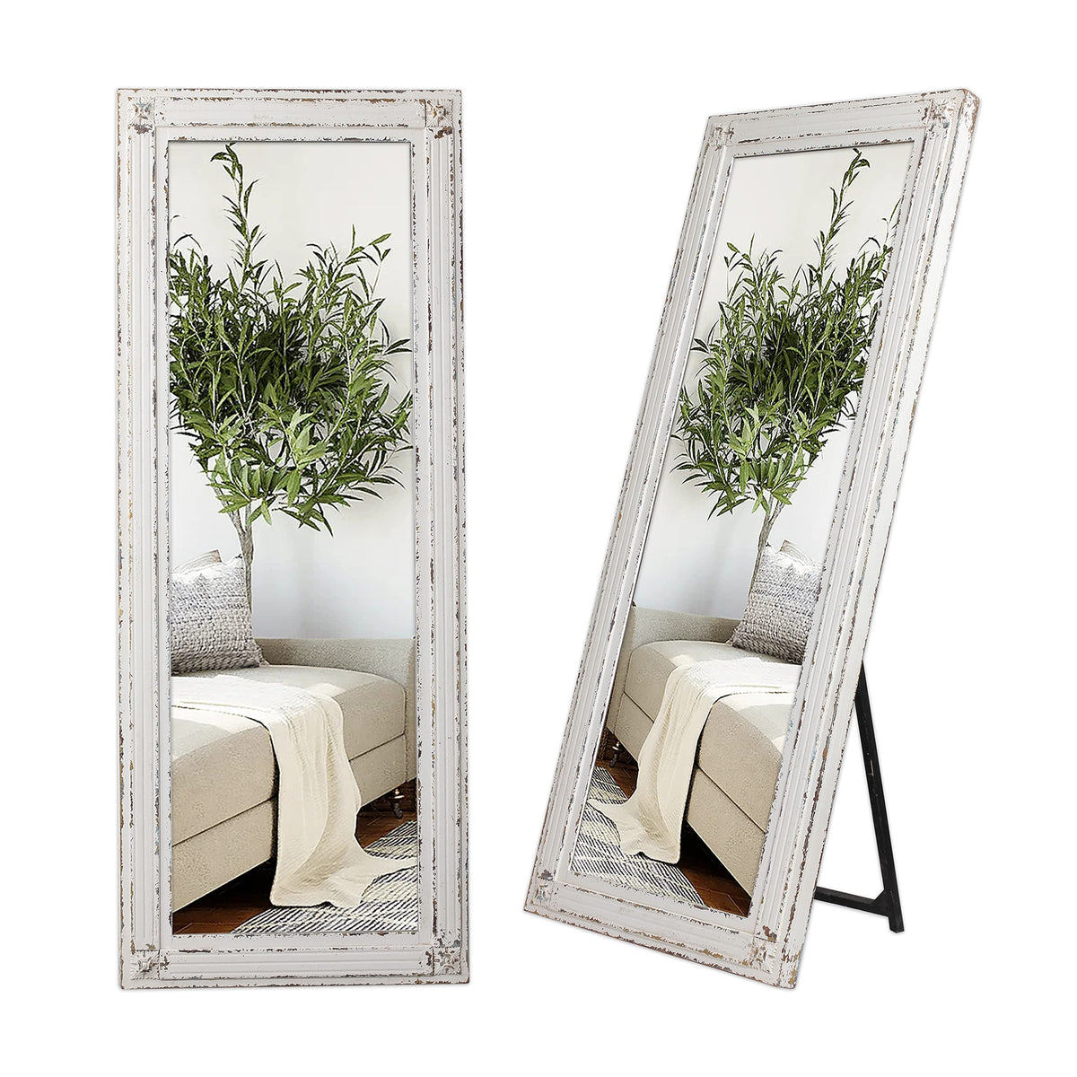 Rustic Full Length Mirror with Stand 60" x 24", Distressed White
