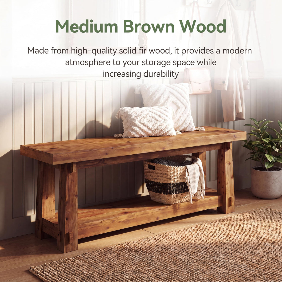 55'' Solid Wood Entryway Bench with Shoe Storage, Rustic Brown