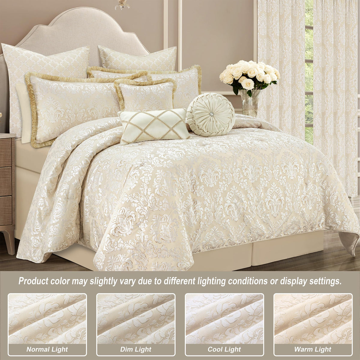 9-Piece Elegant Damask Comforter Set, Beige White