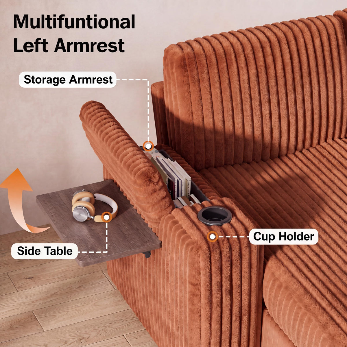 86" Modular Sectional Sleeper Sofa with Pull Out Bed, 5 Seat Plush Corduroy L Shaped Couch with USB Ports|Cup