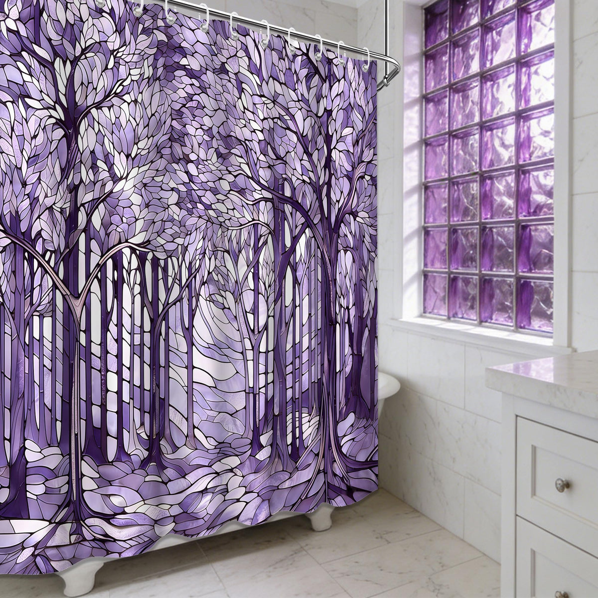 Extra Long Shower Curtain Extra Tall Light Purple Stained Glass XL Abstract Art Nouveau Shower Curtains for Large