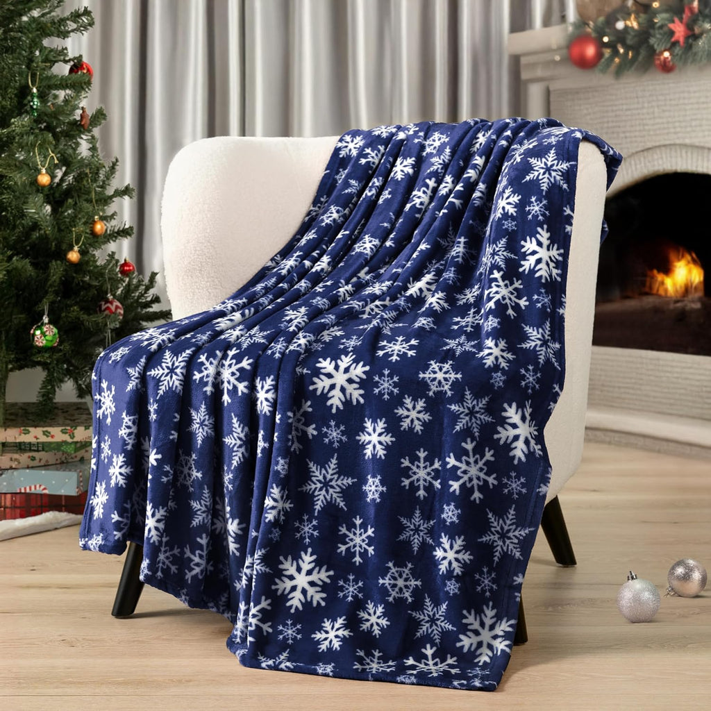 Christmas Throw Blanket | Navy Snowflake Christmas Fleece Blanket | Soft, Plush, Warm Winter Cabin Throw, 50x60