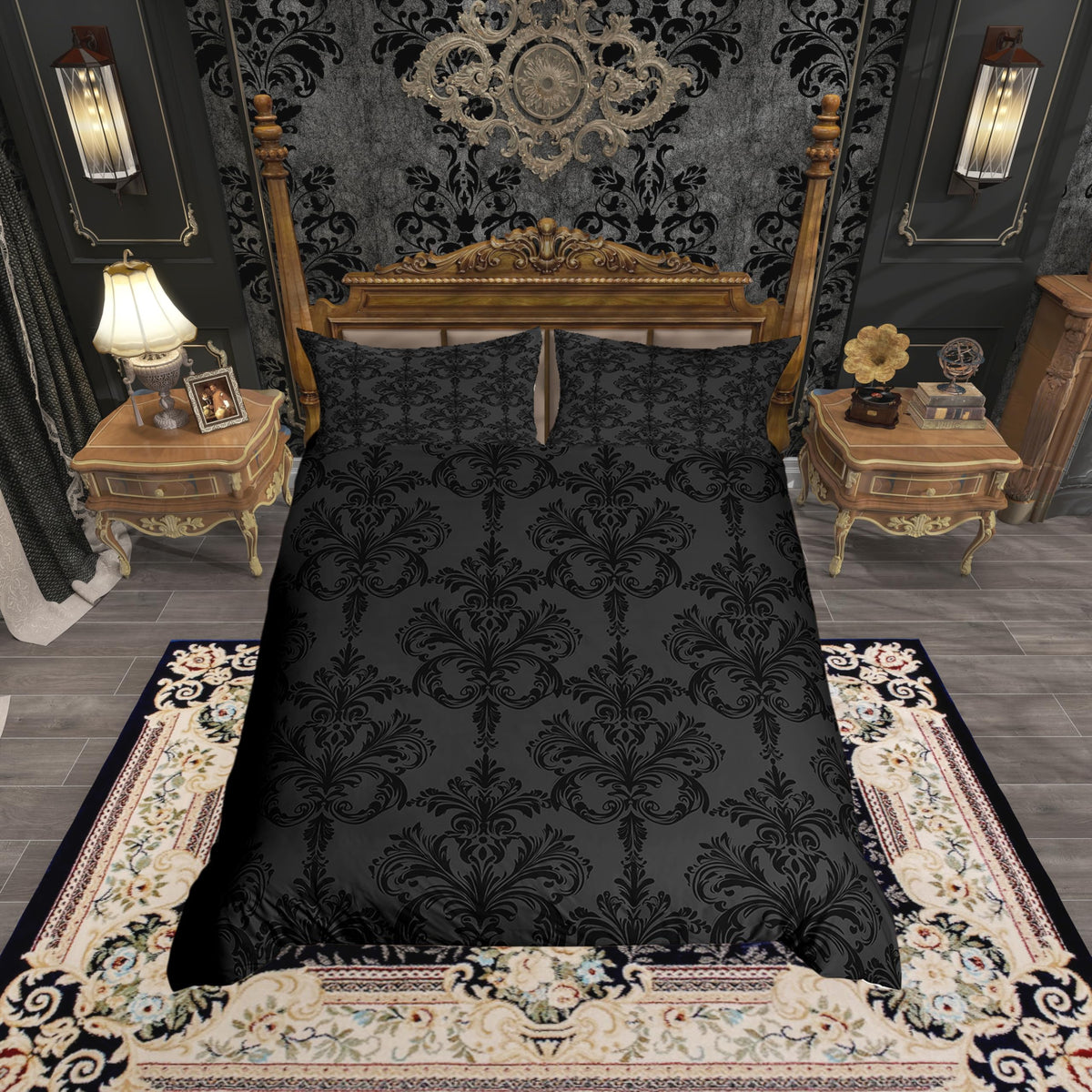 Grey Black Damask Duvet Cover Set, Gothic Vintage Damask Floral Bedding Set 3pcs, Antique Victorian
