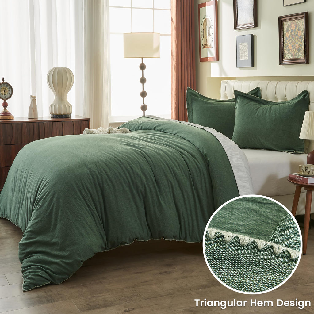 100% Washed Cotton Duvet Cover Set 3 Pieces with Triangle Hem Solid Colour Linen Durable, Breathable, Soft