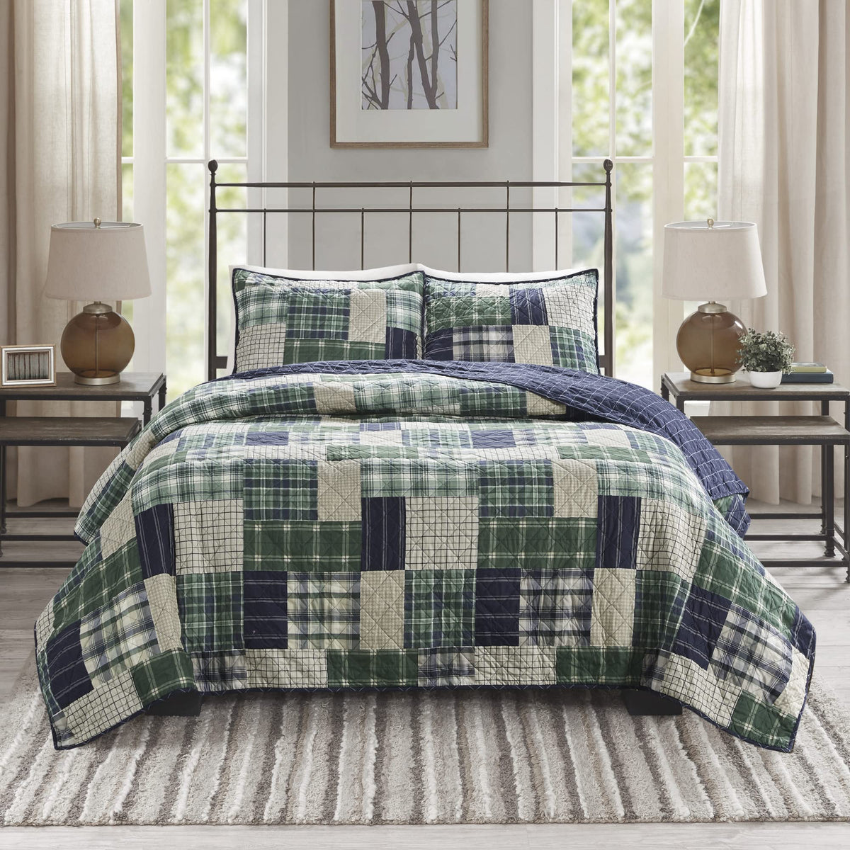 Patchwork Farmhouse Green/Navy Quilt Set, 3pc