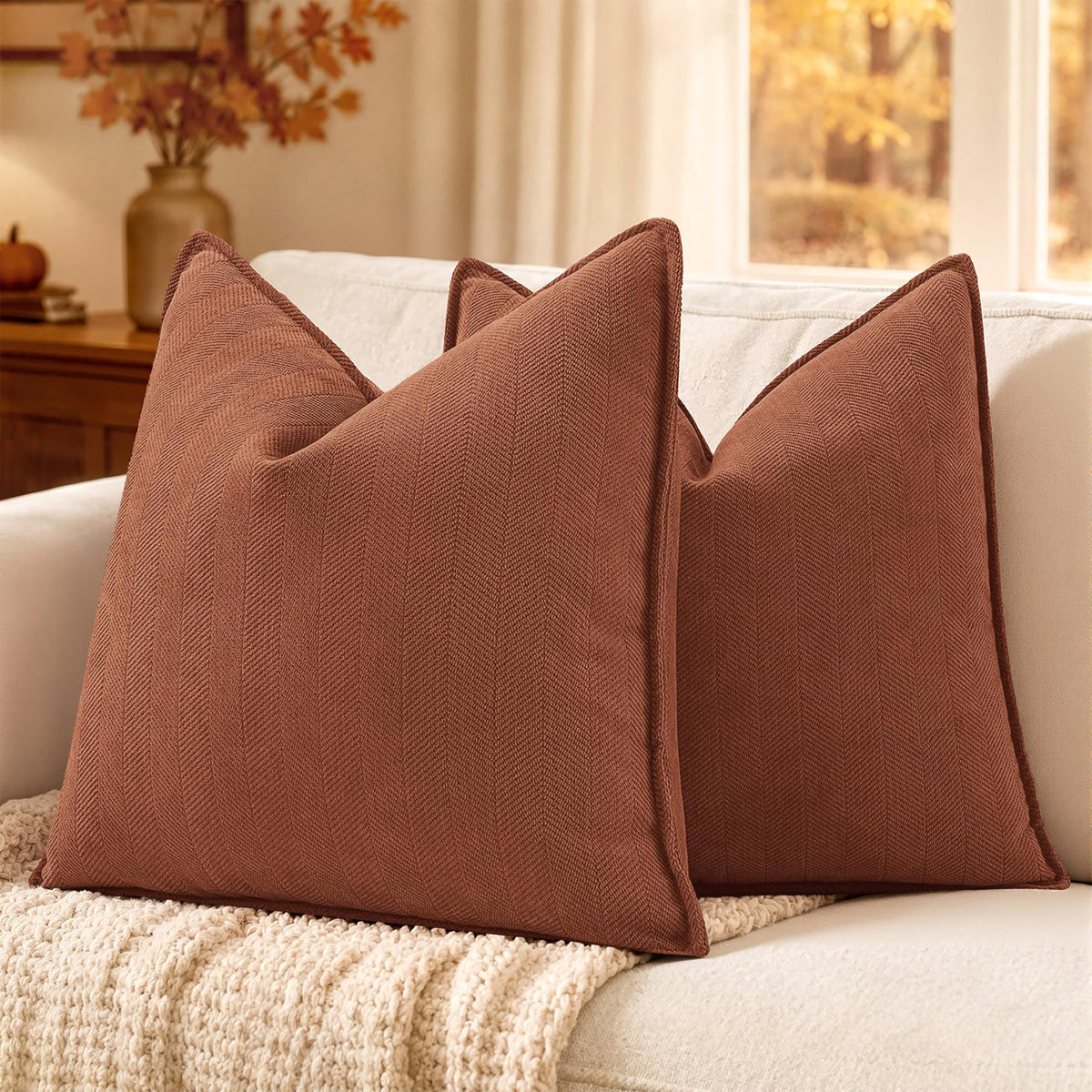 Pack of 2 Fall Burnt Orange Decorative Chenille Pillow Covers 18x18