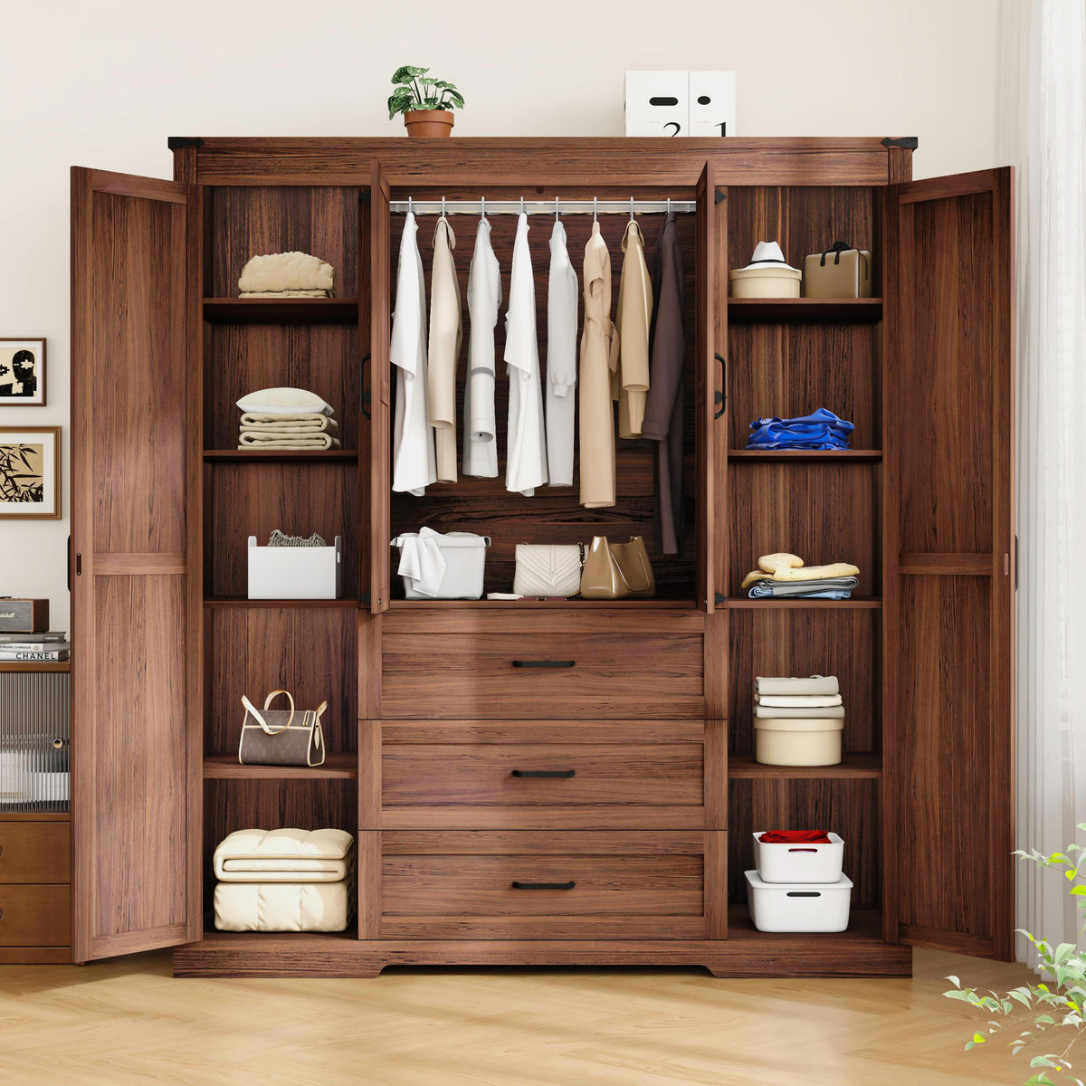 70" Tall Armoire Wardrobe Closet with 4 Doors & 3 Drawers, Farmhouse Bedroom Storage Cabinet with Hanging Rod
