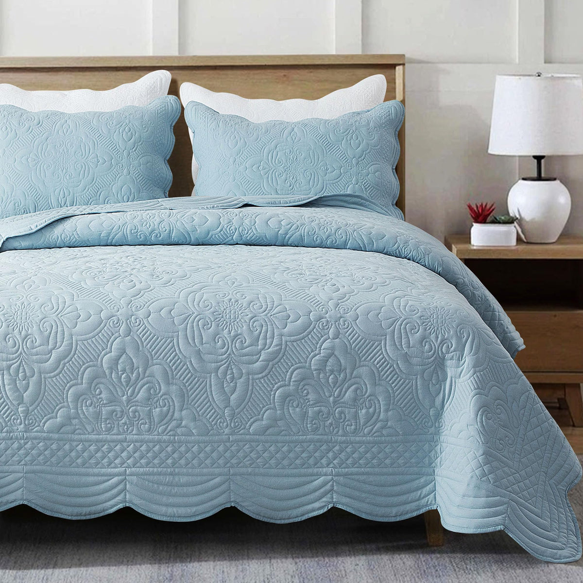 Embroidered Quilt Set - 3 Pieces, Washed Lightweight Coverlet with Scallop Edges, Reversible Bed Cover All