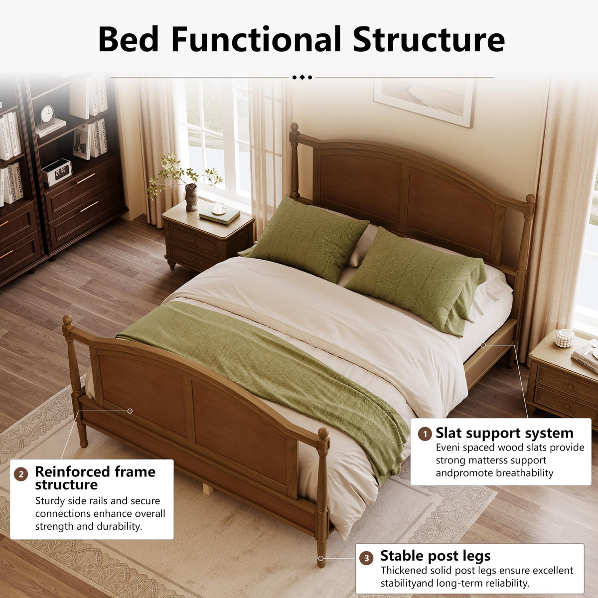 Farmhouse Traditional Platform Bed with Arched Headboard and Footboard, Cottage Panel Wooden Bed Frame