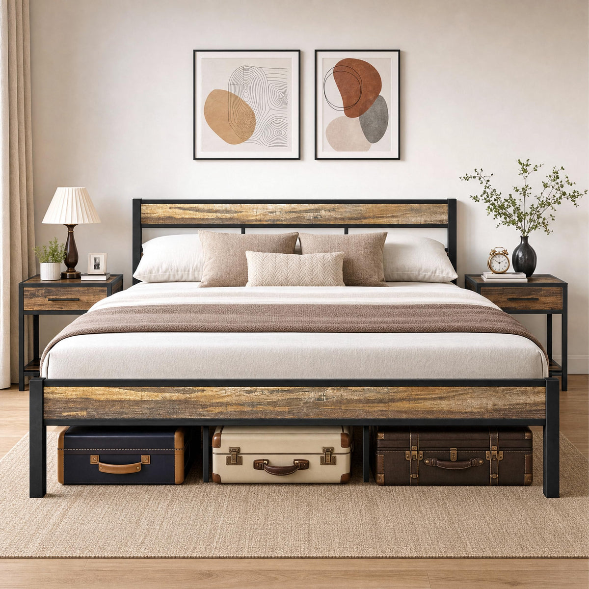 California King Bed Frame wtih Headboard, Rustic Brown