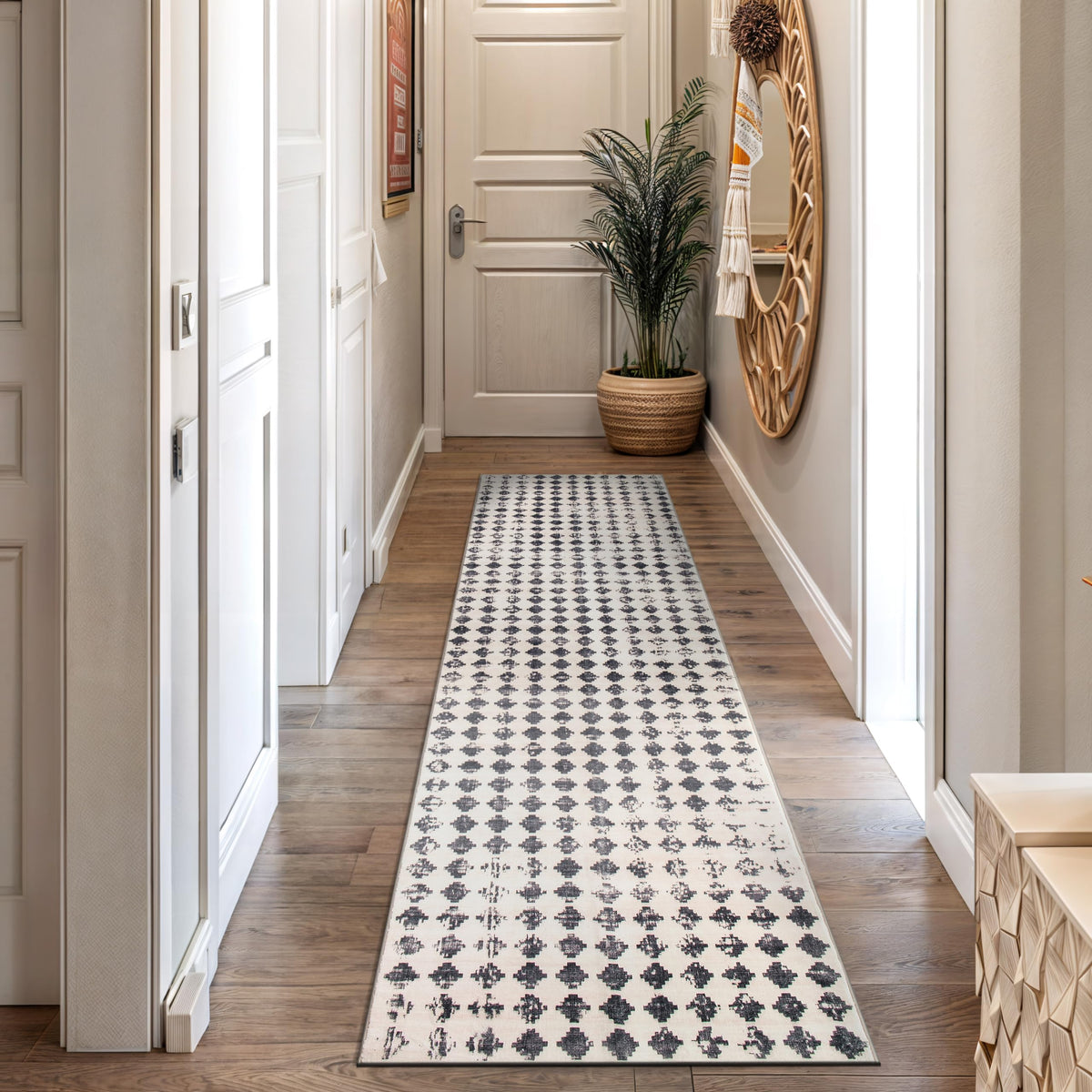 Non-Slip Washable Distressed Abstract Runner Rug Ivory