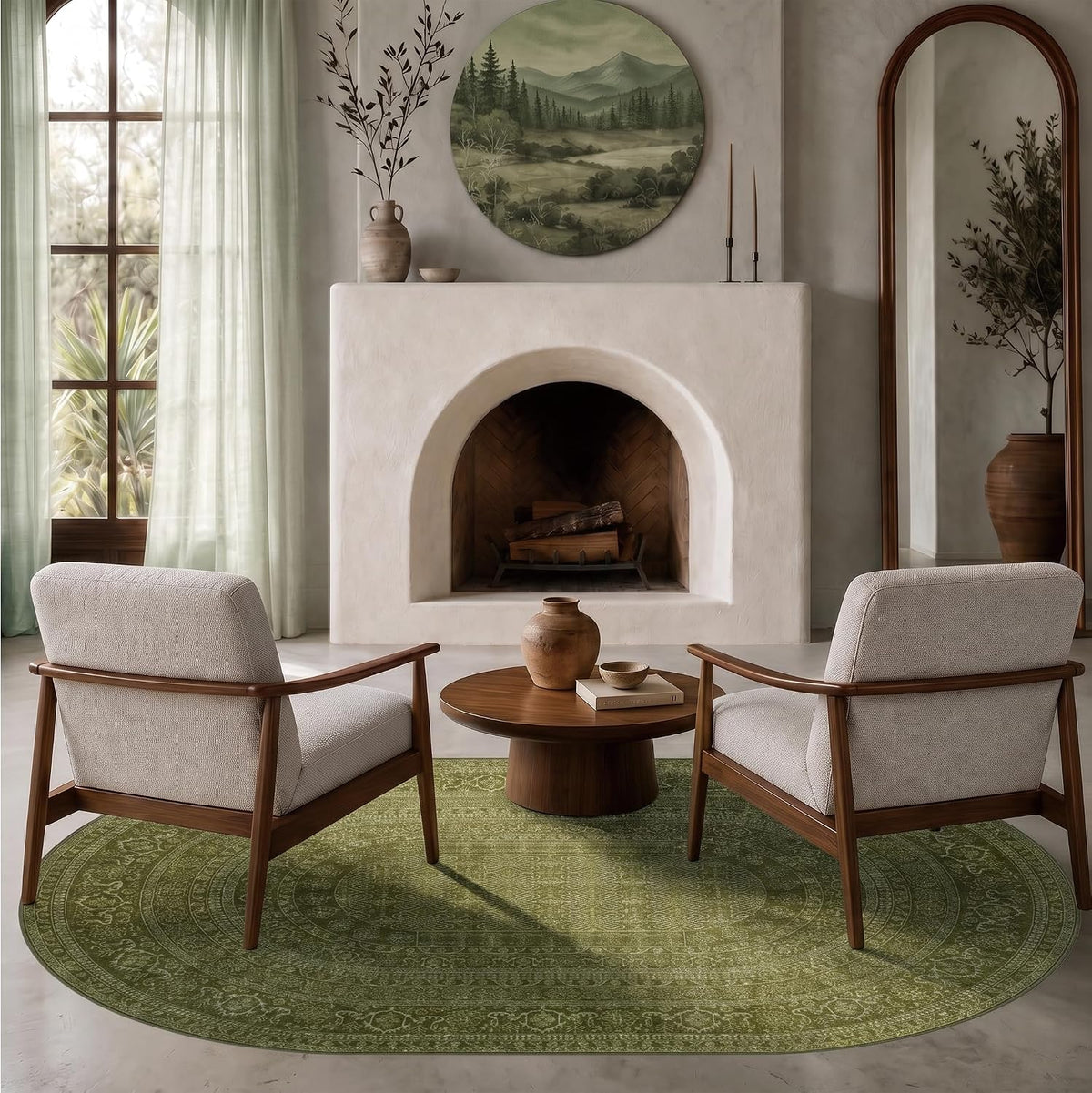 Oval Rug - Washable Ultra-Thin Carpet Dark Olive Green