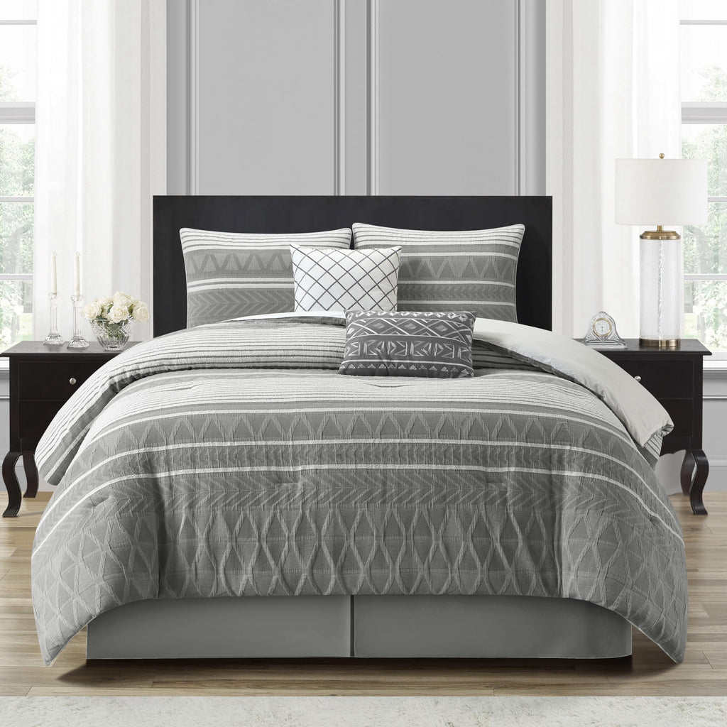 Comforter Set, 6 Piece, Color Grey, Geometric Jacquard Bedding Set, Matching Bedskirt, Pillows & Shams