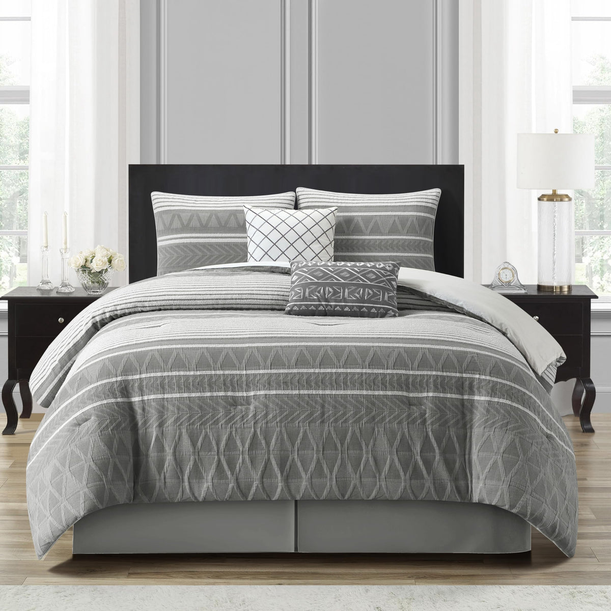 Comforter Set, 6 Piece, Color Grey, Geometric Jacquard Bedding Set, Matching Bedskirt, Pillows & Shams