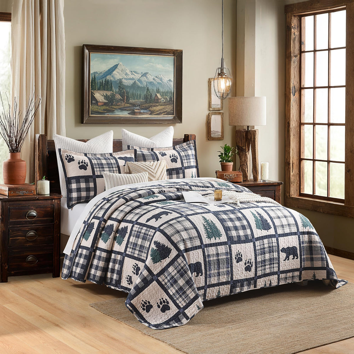 100% Cotton Cabin Plaid Quilt Set Lightweight Bear/Navy/Green