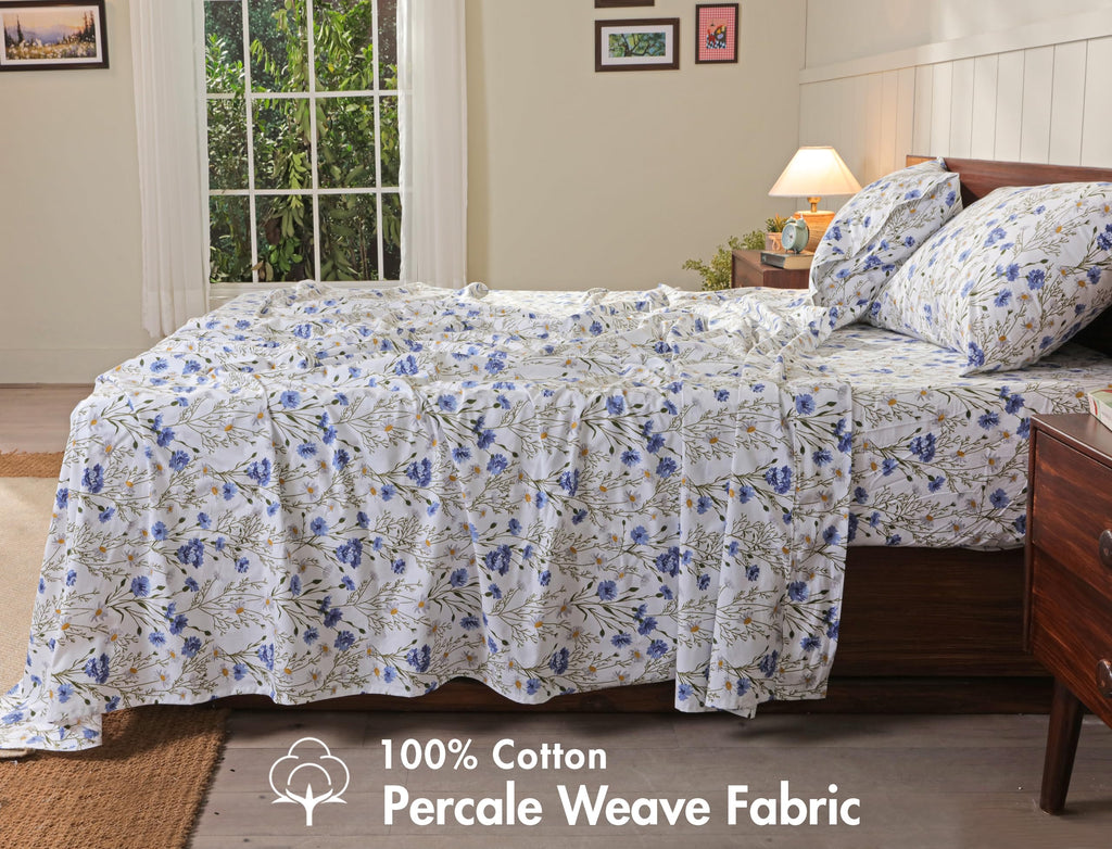 100% Cotton Split King Sheets, Percale Sheet Set, Sweet Pea
