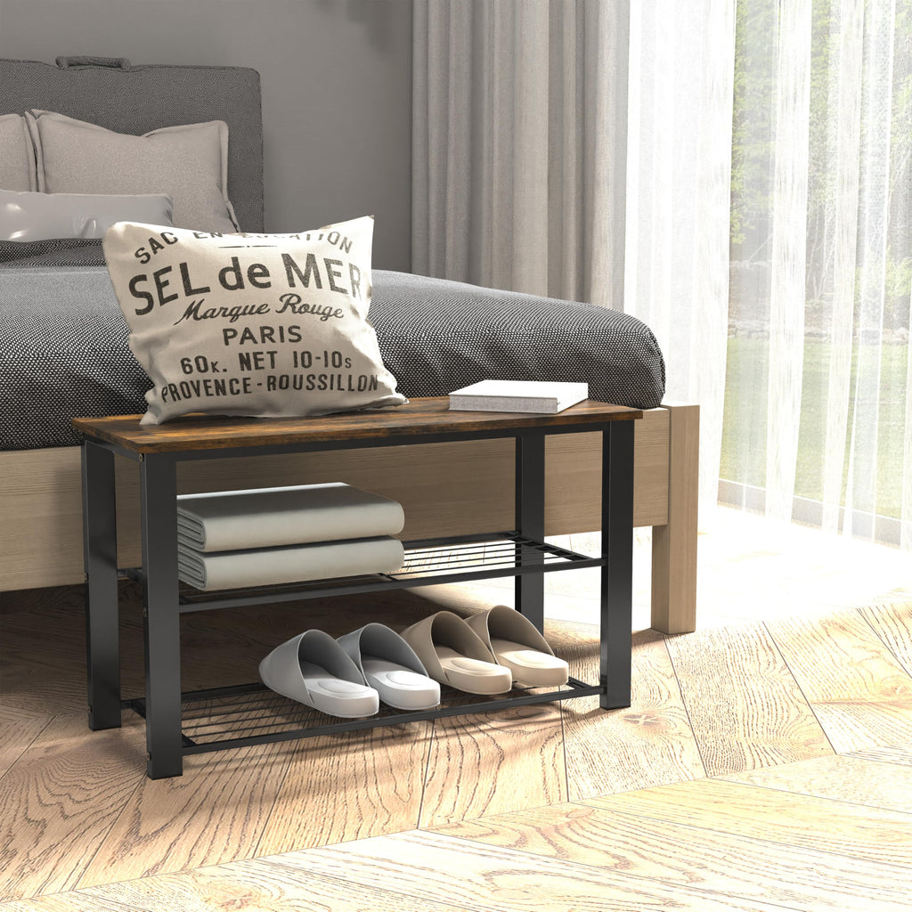 Wooden Top Shoe Rack Bench, Rustic Brown