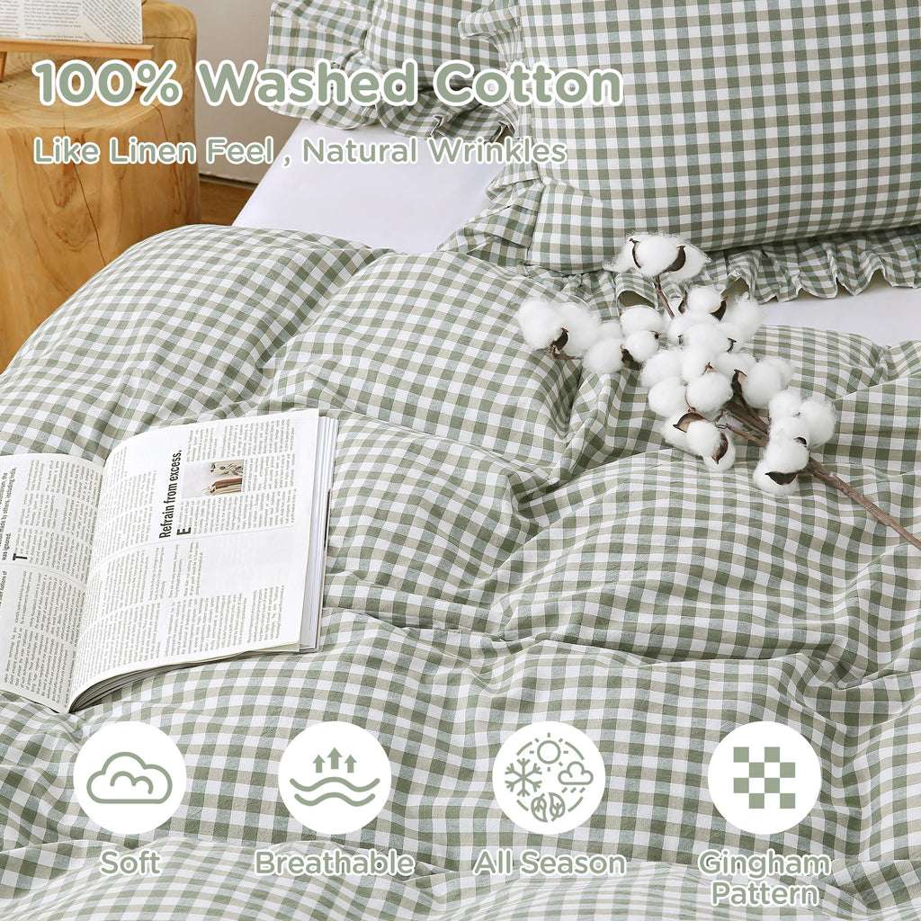 Green Gingham Ruffle Duvet Cover Set Cotton Like Linen