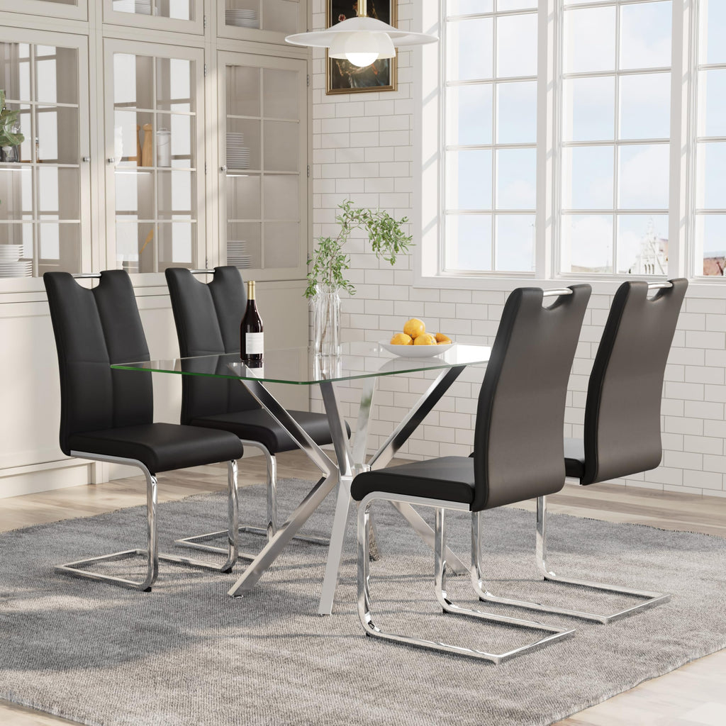 Modern Dining Chairs Set of 4 PU Faux Leather High Back Upholstered Chairs with Silver Metal Legs Dining Room, Black