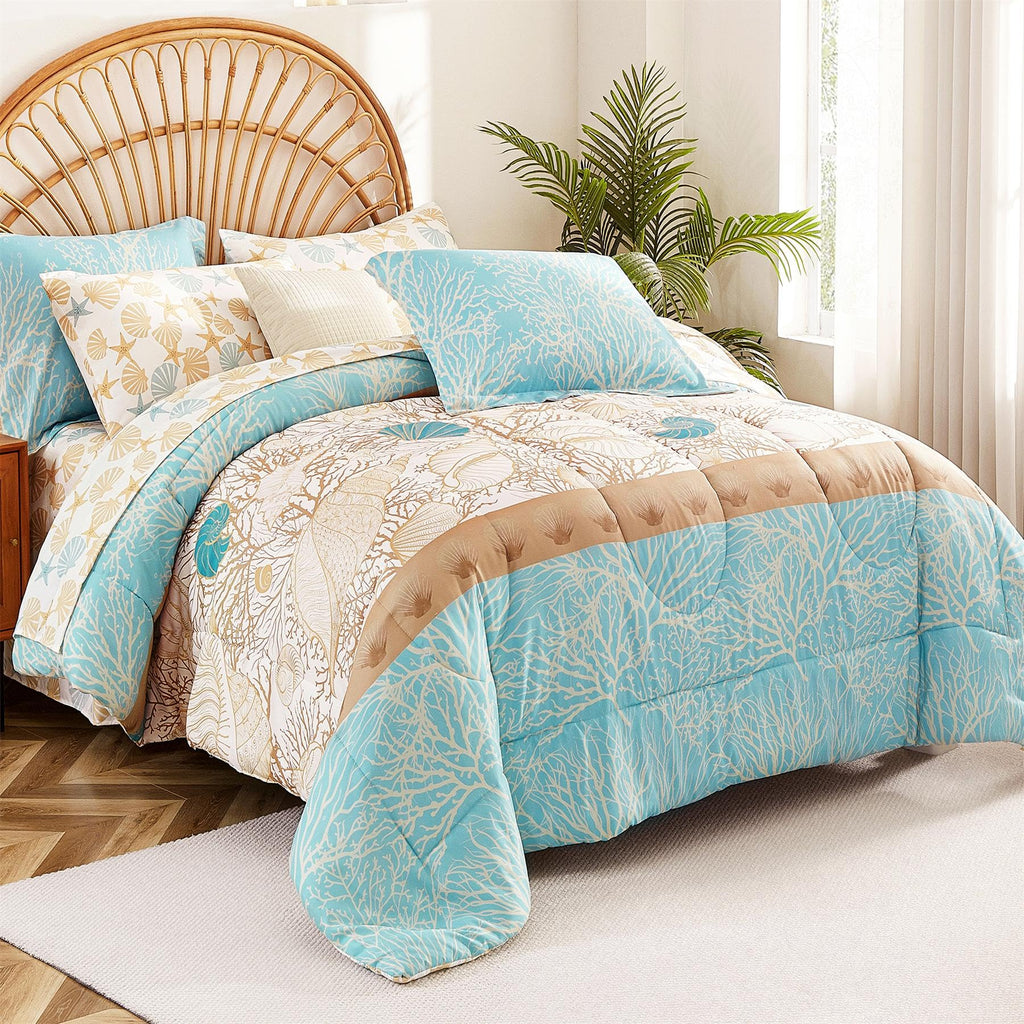 Blue Coastal Comforter Set 7 Pieces, Starfish Printed Bedding Bed in A Bag, Soft Microfiber Comforter with